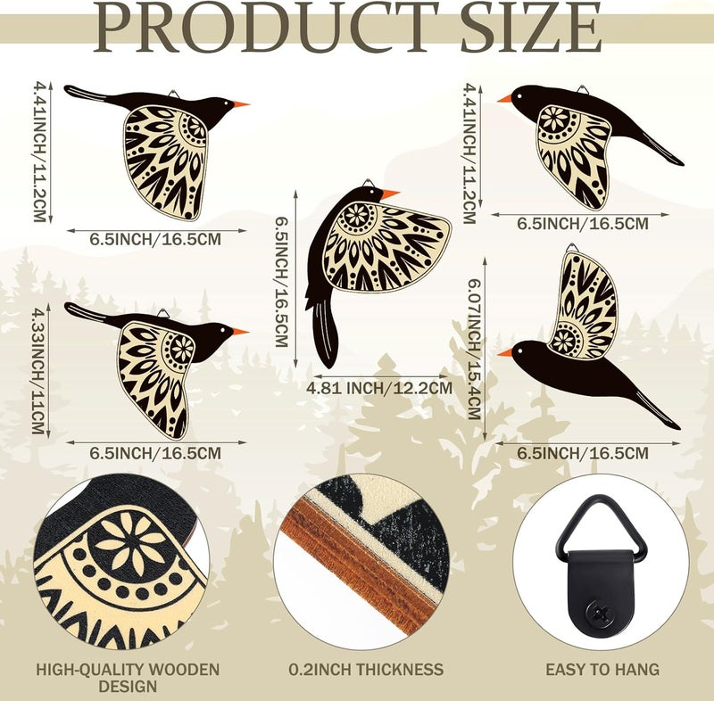 Barydat 5 Pcs Wooden Bird Wall Art Wood Flying Birds Wall Decor Rustic Folk Art Scandinavian Home Decor for Gift Living Room Bedroom Kitchen Office(Black) - Image 2